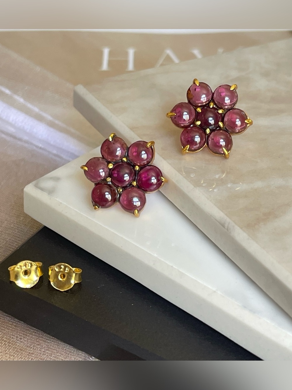 Natural Garnet Stud Earrings in 925 Sterling Silver!! “VIBES” Handmade!!